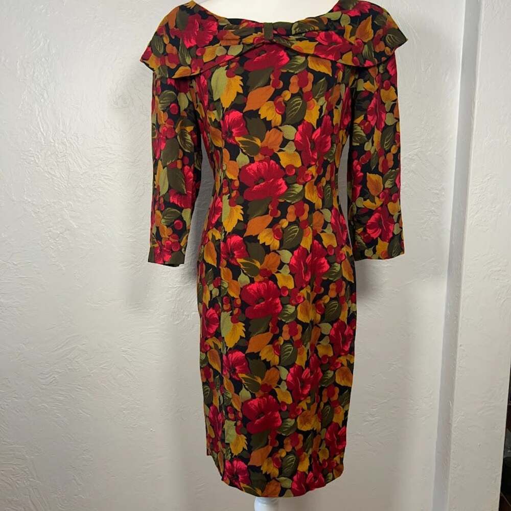 VTG Jonathan Martin Floral Portrait Collar Sheath Dress Size 9/10 M 80s 90s